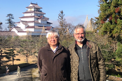 Albert van der Vliet, Ph.D. (right), and Takaaki Akaike, M.D., Ph.D., near the Tsuruga-Jo castle in Aizu, Japan