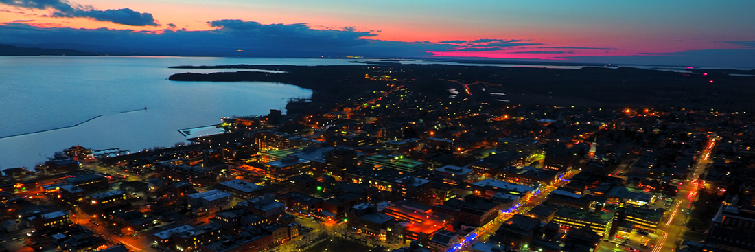Burlington, Vt and Lake Champlain at dusk