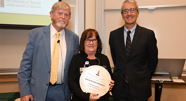From left to right, Dr. Galbraith, the Vermont Lung Center's Stephanie Burns, who received the Clinical Research Coordinator Award; and Dean Page. From left to right, Dr. Galbraith, the Vermont Lung Center's Stephanie Burns, who received the Clinical Research Coordinator Award; and Dean Page.