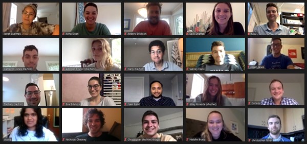 Graduate Students smiling in a screenshot of a zoom meeting with 20 people