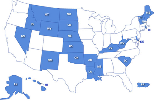 IDeAStates A map of all IDeA-eligible states, as pictured on the NIH General Medical Sciences homepage.