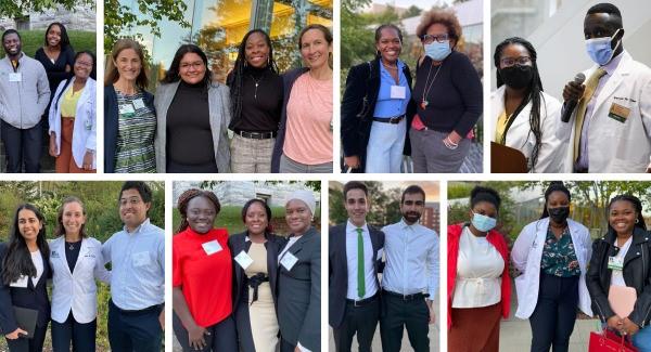 A collage of photos showing current Larner medical students, faculty, and program participants posing while attending the “Med School Mixer” on September 10. (Upper-right corner of collage) Exume (left) and Sahene (right) introducing Dean Page during a lunch address on the same day