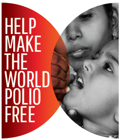 A poster with the text "Help make the world polio free" and a close-cropped black and white image of a young South Asian child tilting up their face to receive an oral medication while a South Asian woman looks on.