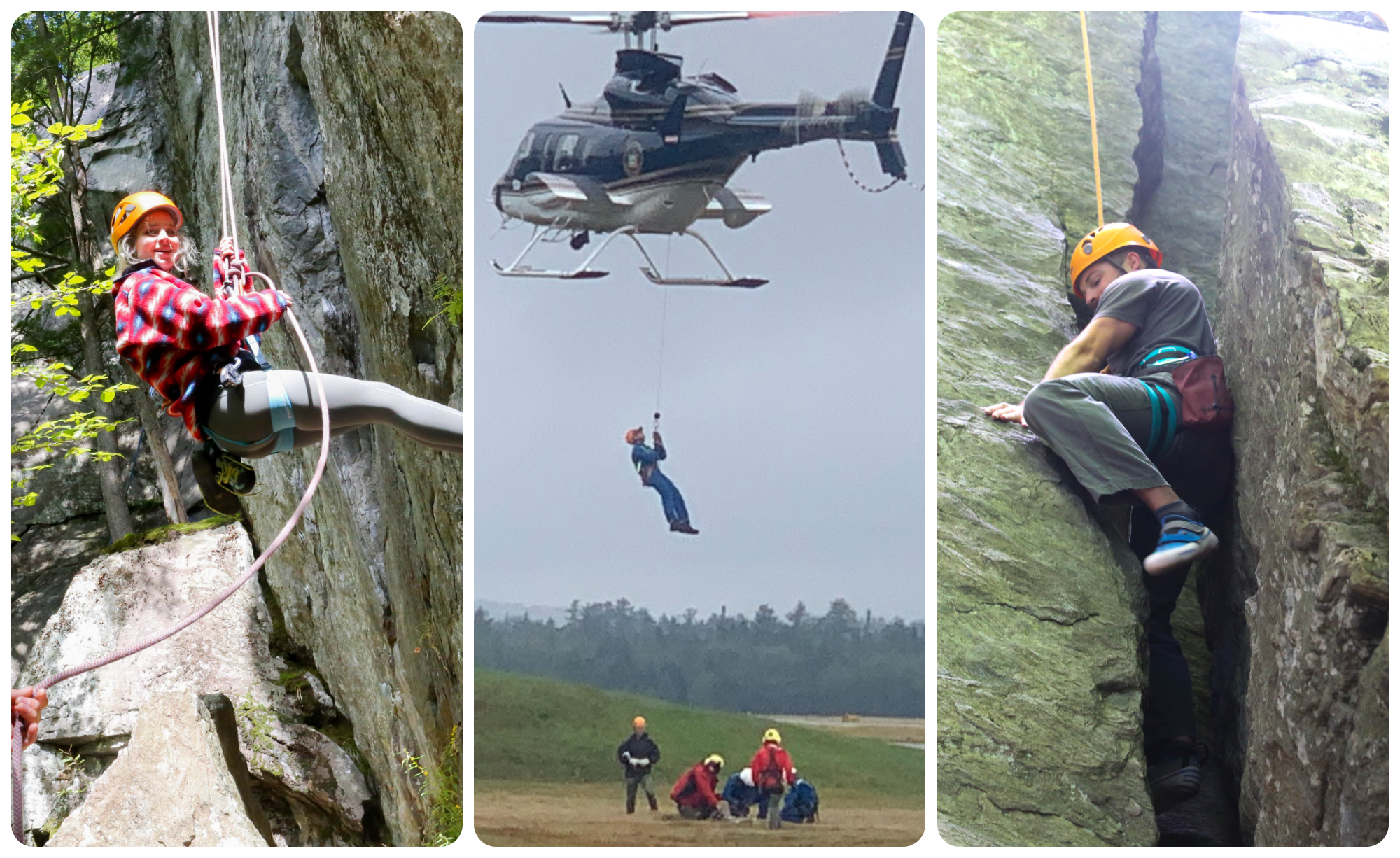 Repelling in to rocks and a helicopter rescue